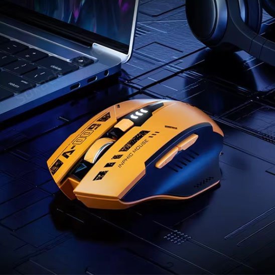 souris sans fil jaune bureau profil